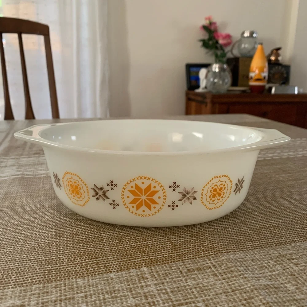Vtg Pyrex Town & Country 043 Oval Baker Casserole Dish Glass Orange Brown White